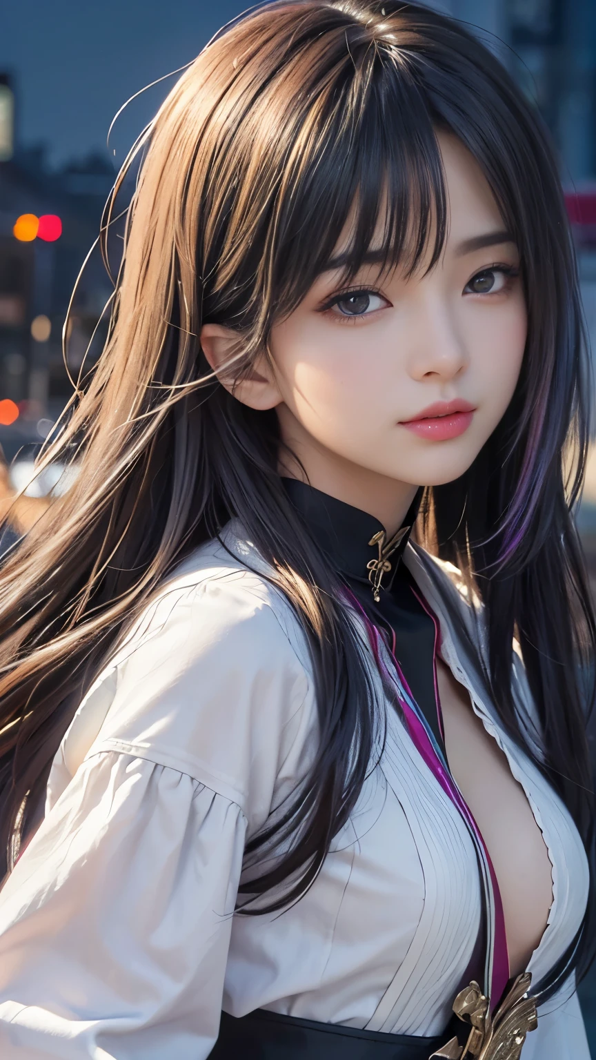 (masterpiece, 最high quality, 最high quality, Official Art, beautifully、aesthetic:1.2), Very detailed,colorful,Most detailed,night、深night、Degrees of Freedom:1.8、8k、Anatomically correct , (Shiny skin), (Many colors:1.4), beautiful、Japanese、White shirt、uper big breasts:1.99、Small waist:1.3、High resolution、high quality、high resolution、Realistic、realism、Photorealistic、Realistic textured face and body、Perfect Anatomy、beautiful、Rainbow Hair、realism、Realistic、Photorealistic、Raw photo、超A high resolution 、SLR、Octane Rendering、Detailed Background:Asahi、