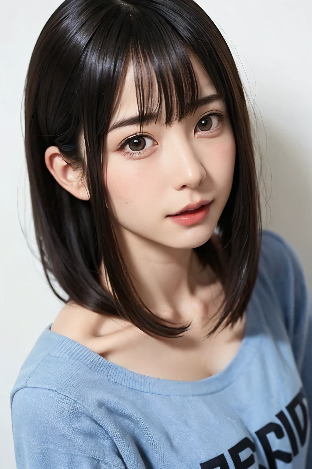 Everything is beautifully detailed:1.6,masterpiece、Highest quality、1 girl, alone, alone focus, Cowboy Shot, Portraiture, Oversized hoodie, Blue and white hoodie, half水彩画, half, ((Black Hair)), (Shiny Hair), (Gradient Hair :1.5), Curly Hair, ((Beautifully drawn delicate eyes)), Very detailedな目, Sunburn, (Dark caramel skin:1.1), Highest quality, Very detailed, White Background, Simple Background、{Huge|big|Hugeな|Mega} chest:2, chestの谷間:2、開けたchest、Perfect Anatomy、Cute Smile、short hair:1.6、bangs、Listen carefully、Beautiful long neck、Perfect Anatomy