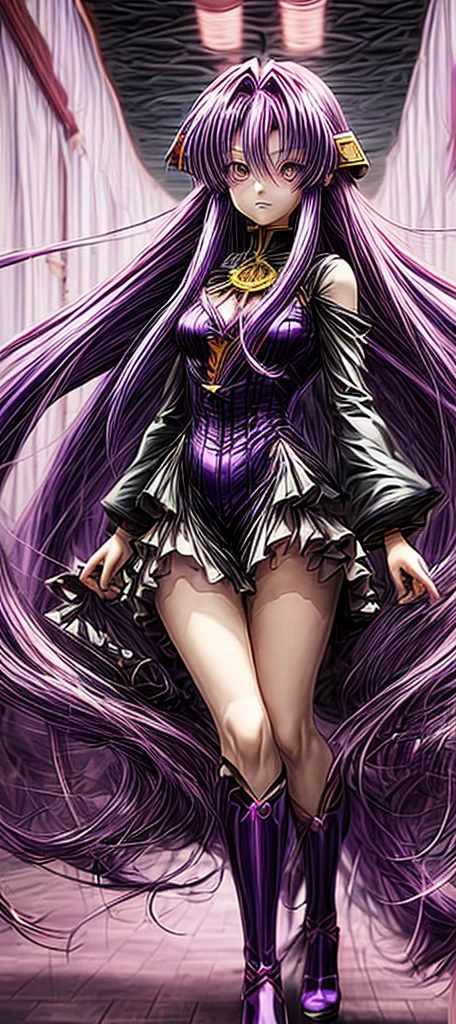 a long purple haired girl, anime style