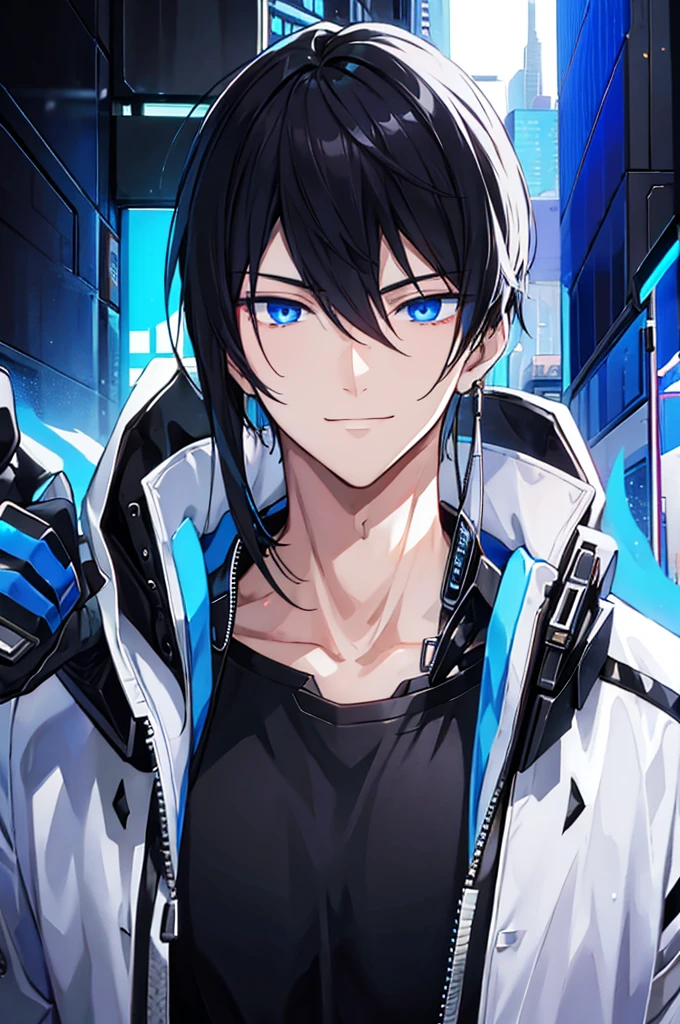 portrait, male, beauty, black hair, blue eyes, cyberpunk, black shirt, white coat, relaxed, smile, No ear decoration