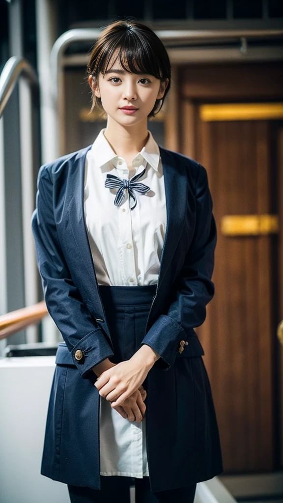 (Highest quality、Highest quality、8k、masterpiece:1.3))、Short black hair、Ultra-fine face、Photograph the whole body、Detailed eyes、double eyelid、Street、Royal Navy Uniforms、Navy blue military uniform、Royal Navy、Rank of lieutenant、Medium sized breasts:1.2、Single jacket、Navy blue tie、pumps、on a battleship、On a ship sailing across the Atlantic、One Japanese woman、26-year-old woman、Perfect proportions、Pantyhose in natural colors