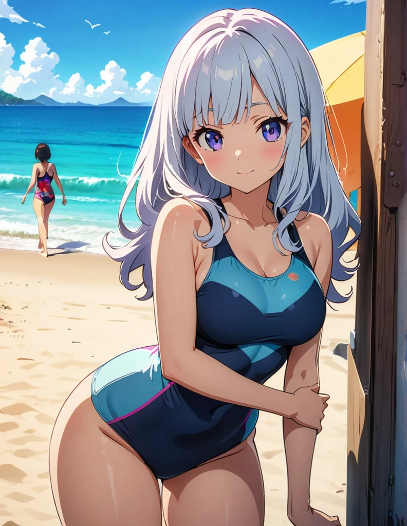 (anime artwork, anime style, studio anime, very detailed, up to date, vibrant, Anime Coloring, high contrast, masterpiece:1.2, best quality, best aesthetics),2 girl,hug from behind,swim suits, Medium chest, A glimpse of thighs,random hair, One eye is hidden by the bangs, perfect proportions, high detail skin, Cute, detailed faces,beach, precise fingers,curvy,swim suits  crowd 