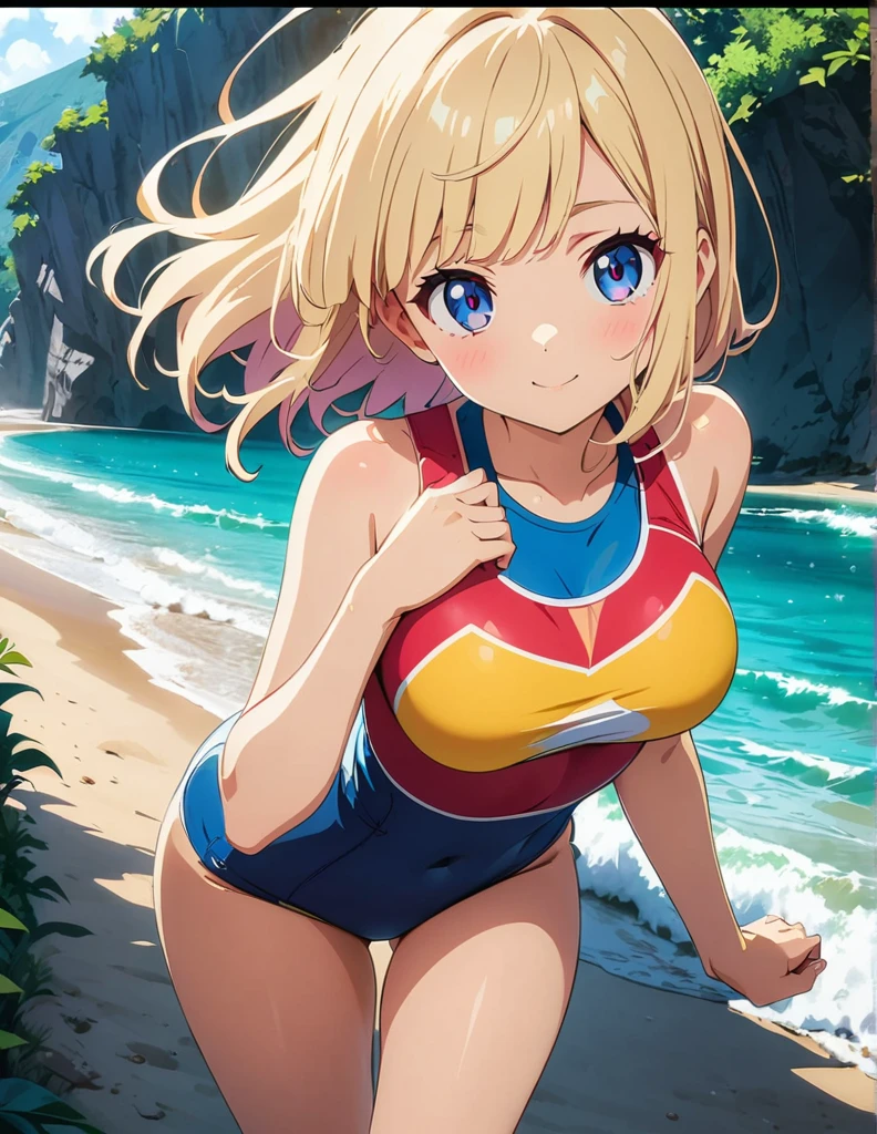 (anime artwork, anime style, studio anime, very detailed, up to date, vibrant, Anime Coloring, high contrast, masterpiece:1.2, best quality, best aesthetics),2 girl,hug from behind,swim suits, Medium chest, A glimpse of thighs,random hair, One eye is hidden by the bangs, perfect proportions, high detail skin, Cute, detailed faces,beach, precise fingers,curvy,swim suits crowd