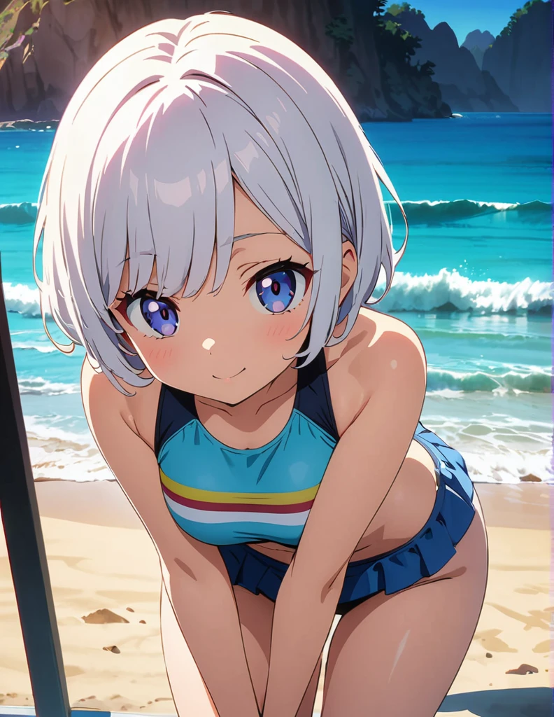 (anime artwork, anime style, studio anime, very detailed, up to date, vibrant, Anime Coloring, high contrast, masterpiece:1.2, best quality, best aesthetics),2 girl,hug from behind,swim suits, Medium chest, A glimpse of thighs,random hair, One eye is hidden by the bangs, perfect proportions, high detail skin, Cute, detailed faces,beach, precise fingers,curvy,swim suits crowd