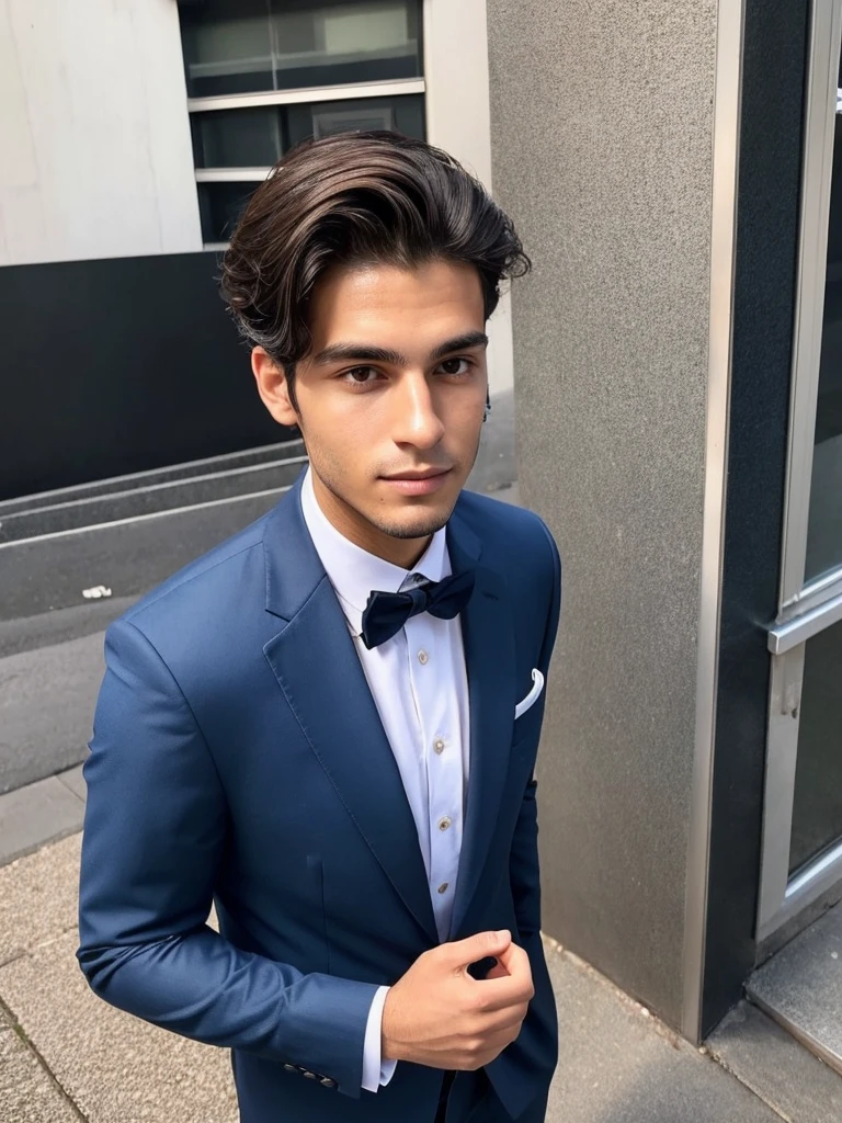 22-year-old Brazilian man in a suit with his hand in his pocket, short hair without beard, no quarto selfie 🤳🏽 realista, and great quality