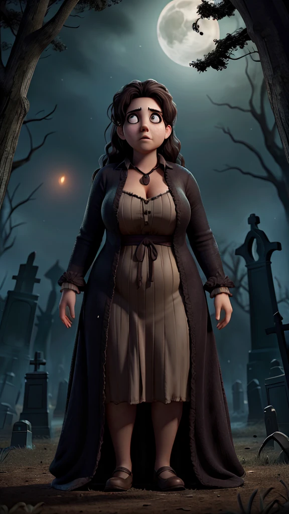 A nervous,fearful,big woman n horror haunted creepy dark night cemetery