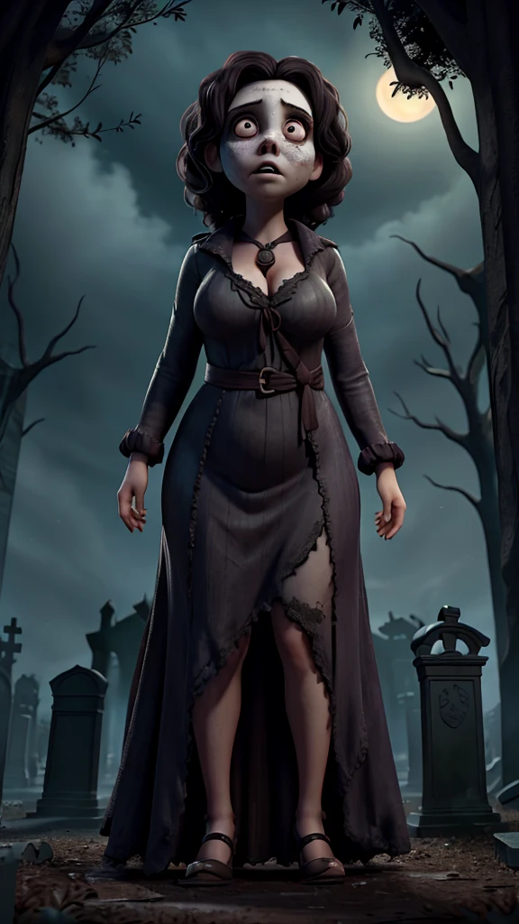 A nervous,fearful,big  woman n horror haunted creepy dark night cemetery 