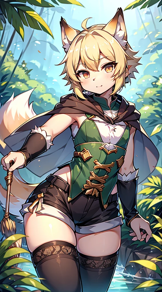 Wolf Boy，Wolf-eared boy，bow箭手少年，Hunter Junior，furry，furry，hairy，Blonde hair all over，Golden fur，Golden fur，绿色bow箭手服装，hunter costume，hunter costume，furry，白色丝绸Knee socks，Knee socks，蕾丝花边Knee socks，Lace style decoration，shorts，蕾丝花边shorts，运动shorts，皮革shorts，Big Ass，Pseudo-sissy ass，femboy，绿色hunter costume，Forest Background，Jungle Background，Outdoor Background，bow，手持bow，Archery pose，Archery pose，手持bow，bow箭，flat chest，Chest wrap