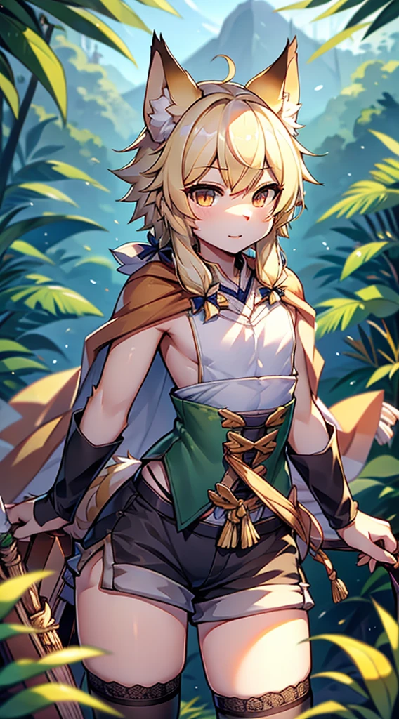 Wolf Boy，Wolf-eared boy，bow箭手少年，Hunter Junior，furry，furry，hairy，Blonde hair all over，Golden fur，Golden fur，绿色bow箭手服装，hunter costume，hunter costume，furry，白色丝绸Knee socks，Knee socks，蕾丝花边Knee socks，Lace style decoration，shorts，蕾丝花边shorts，运动shorts，皮革shorts，白色花边shorts，猎人shawl，绿色shawl，shawl，Big Ass，Pseudo-sissy ass，femboy，绿色hunter costume，Forest Background，Jungle Background，Outdoor Background，bow，手持bow，bow，手持bow，bow箭，Quiver，背着bow箭，flat chest，Chest wrap，shawl