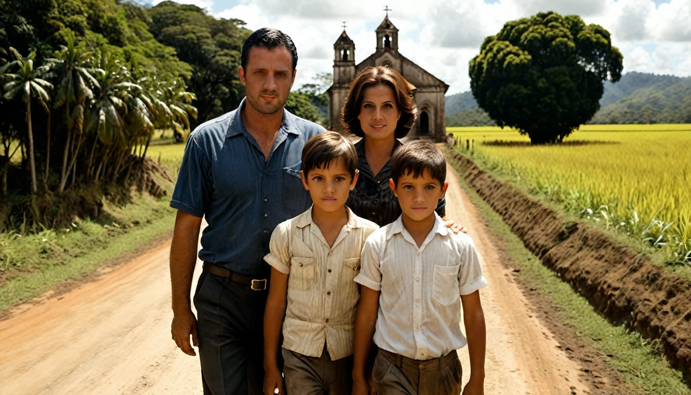 PICTURE REALISTIC. antique picture frame. Three brothers and their parents in the 1950s on a rural road in Brazil, walking towards the church. Um menino tem dez anos e brown-haired and brown-eyed. The second boy is eight years old and has black hair and brown eyes.. The third is six years old and has honey-colored hair and brown eyes.. The mother is 35 years old, brown-haired and brown-eyed. The father is 40 years old, black hair and brown eyes.