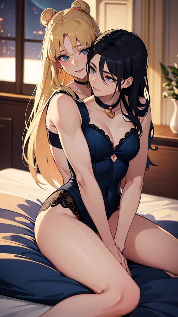 Adult woman blonde hair, blue eyes, long hair with two buns, heart shaped face, beautiful, in black Sailor Moon-like lingerie sitting astride a strong adult man with short wavy black hair, blue eyes, confident smile, handsome man with boxer resembling Mamoru Chiba character from Sailor Moon on a bed about to kiss with a room in the background detailed realistic masterpiece with sharp colors
