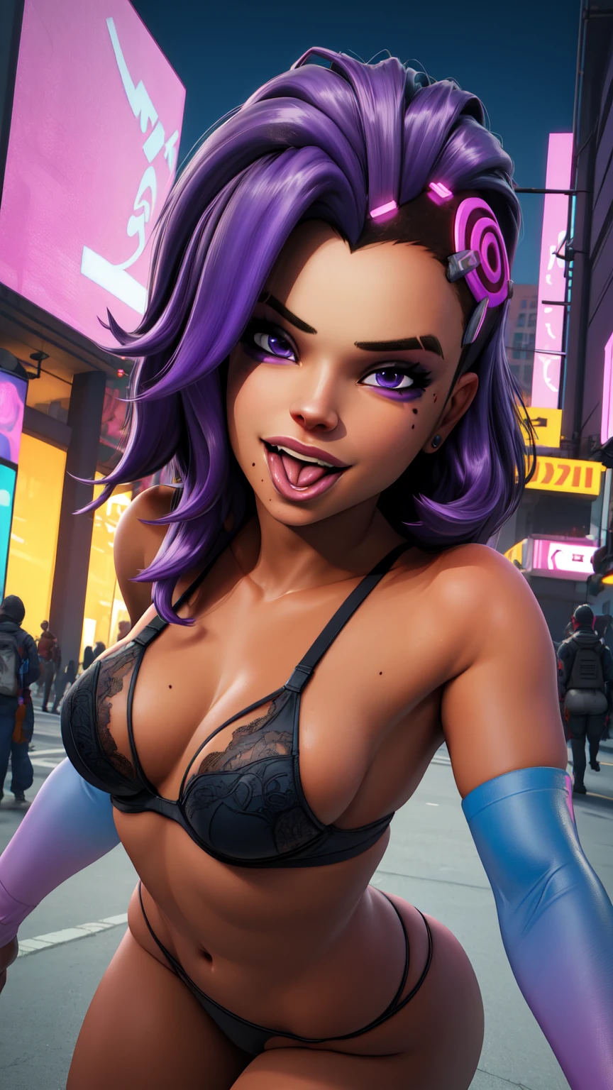 sombra, purple hair,  purple eyes,  mole under eye, open mouth, tongue out
elbow gloves, lewd thong, bra, nsfw   light smile, small breasts, 
looking at viewer, front view
day, city,  outside
(insanely detailed, beautiful detailed face, beautiful detailed eyes, masterpiece, best quality),solo, 
cyberpunk,  