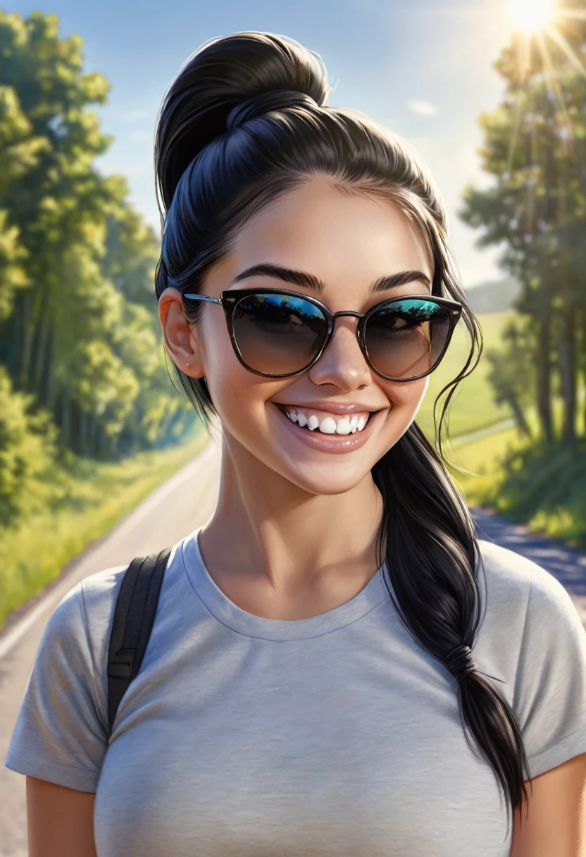 "best quality, masterpiece, ultra high res, photorealistic, RAW photo, close-up of a woman with long black hair tied in a ponytail, wearing sunglasses on her head, light gray t-shirt, outdoors on a sunny day, standing on a rural road, lush green trees and clear blue sky in the background, smiling with braces on her teeth, natural expression, realistic lighting and shadows, detailed background, casual appearance"