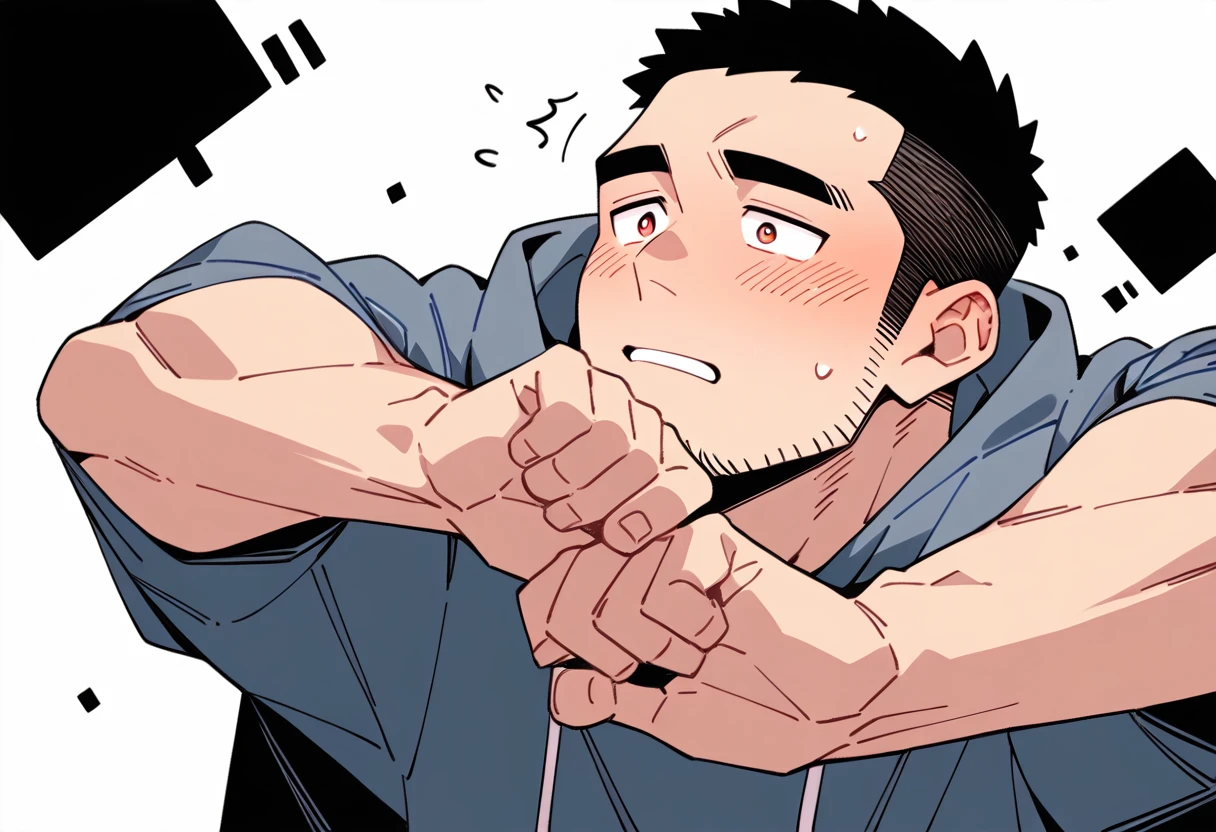 anime characters:Priapus and Dark-skinned muscular athlete, They hugged each other, kiss, Buzz Cut, Manliness, male focus, Sports tight hooded sweatshirt, Very tight, full and perky chest muscles, muscular male, muscular, only, Upper body, alone, Red short hair, Thick eyebrows, stubble, Brown-red pupils, White background, simple background, amazing quality, best aesthetics, Ridiculous, crew cut, parted lips, flustered, endured face, shy, blush, negative space, negative space, best quality