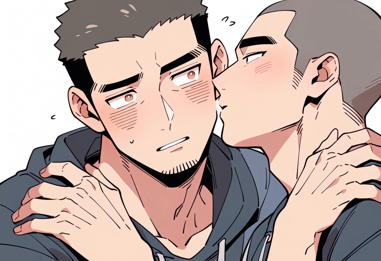 anime characters:Priapus and Dark-skinned muscular athlete, They hugged each other, kiss, Buzz Cut, Manliness, male focus, Sports tight hooded sweatshirt, Very tight, full and perky chest muscles, muscular male, muscular, only, Upper body, alone, Red short hair, Thick eyebrows, stubble, Brown-red pupils, White background, simple background, amazing quality, best aesthetics, Ridiculous, crew cut, parted lips, flustered, endured face, shy, blush, negative space, negative space, best quality