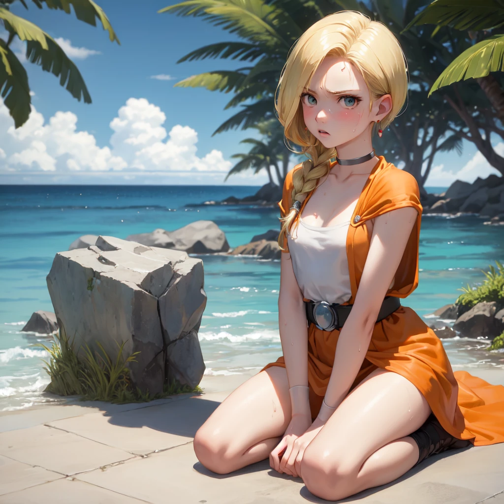 masterpiece, Highest quality, DQ Bianca, 1 person, Single Blade, Earrings, choker, Orange Cape, Green Dress, belt, Small breasts, Sitting, Upper Body, Kneeling, Turn your body forward, hot, Sweating a lot, Wipe away sweat, looking at the camera, Ocean辺, Ocean, angry