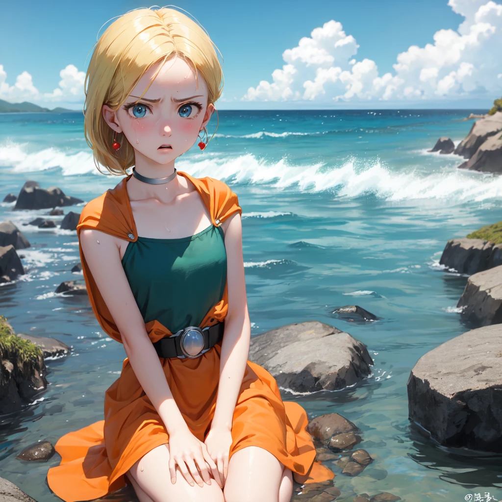 masterpiece, Highest quality, DQ Bianca, 1 person, Single Blade, Earrings, choker, Orange Cape, Green Dress, belt, Small breasts, Sitting, Upper Body, Kneeling, Turn your body forward, hot, Sweating a lot, Wipe away sweat, looking at the camera, Ocean辺, Ocean, angry