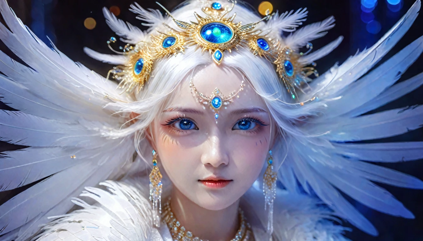 (Figure of an owl with blue eyes, Unreal Engine Rendering:1.1), (Very detailed:1.1), (Unrealistic yet charming eyes:1.1), (Exquisite and gorgeous jewelry:1.1), (Popular trends on cgisociety:1.1), (Motion Graphics:1.1), (Bee Global Illumination:1.1), (rossdraws Global Illumination:1.1), (goddess), (Beautiful and delicate eyes), (Complex patterns and textures), (Realistic feathers), (Ethereal Lights), (majestic gesture), (Bright colors), (striking的构图), (Luminous elements), (Mysterious atmosphere), (Impressive level of detail), (Photo-real:1.37), (HDR), (Ultra HD), (Studio Lighting), (Extremely detailed description), (professional), (Bokeh), (Fascinating concept art), (Magical atmosphere), (Amazing craftsmanship), (Stunning visuals), (Surrealism), (Like a dream), (Awesome), (A balanced color palette), (masterpiece:1.2), (high resolution), (Clear focus), (Physically Based Rendering), (striking), (interesting), (Fascinating), (Beautifully), (The Wow Factor), (memorable)