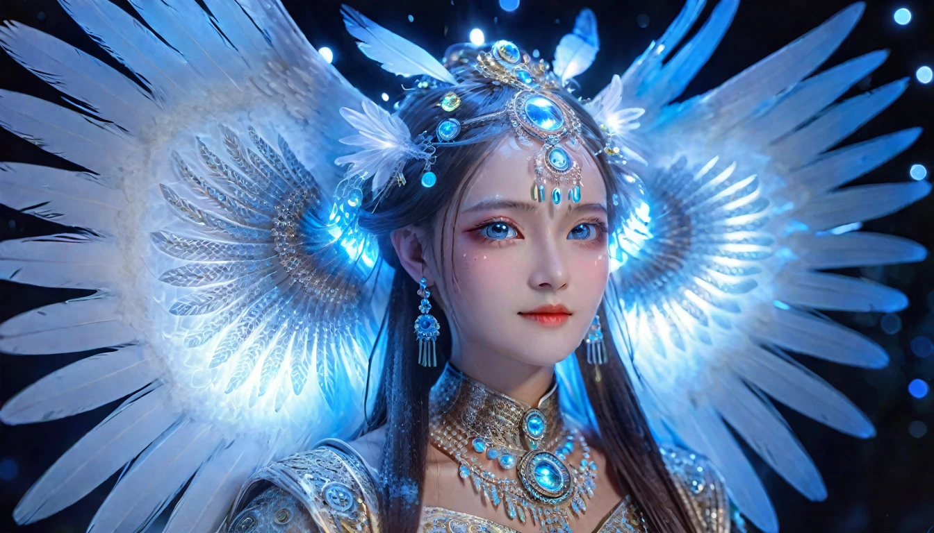 (Figure of an owl with blue eyes, Unreal Engine Rendering:1.1), (Very detailed:1.1), (Unrealistic yet charming eyes:1.1), (Exquisite and gorgeous jewelry:1.1), (Popular trends on cgisociety:1.1), (Motion Graphics:1.1), (Bee Global Illumination:1.1), (rossdraws Global Illumination:1.1), (goddess), (Beautiful and delicate eyes), (Complex patterns and textures), (Realistic feathers), (Ethereal Lights), (majestic gesture), (Bright colors), (striking的构图), (Luminous elements), (Mysterious atmosphere), (Impressive level of detail), (Photo-real:1.37), (HDR), (Ultra HD), (Studio Lighting), (Extremely detailed description), (professional), (Bokeh), (Fascinating concept art), (Magical atmosphere), (Amazing craftsmanship), (Stunning visuals), (Surrealism), (Like a dream), (Awesome), (A balanced color palette), (masterpiece:1.2), (high resolution), (Clear focus), (Physically Based Rendering), (striking), (interesting), (Fascinating), (Beautifully), (The Wow Factor), (memorable)