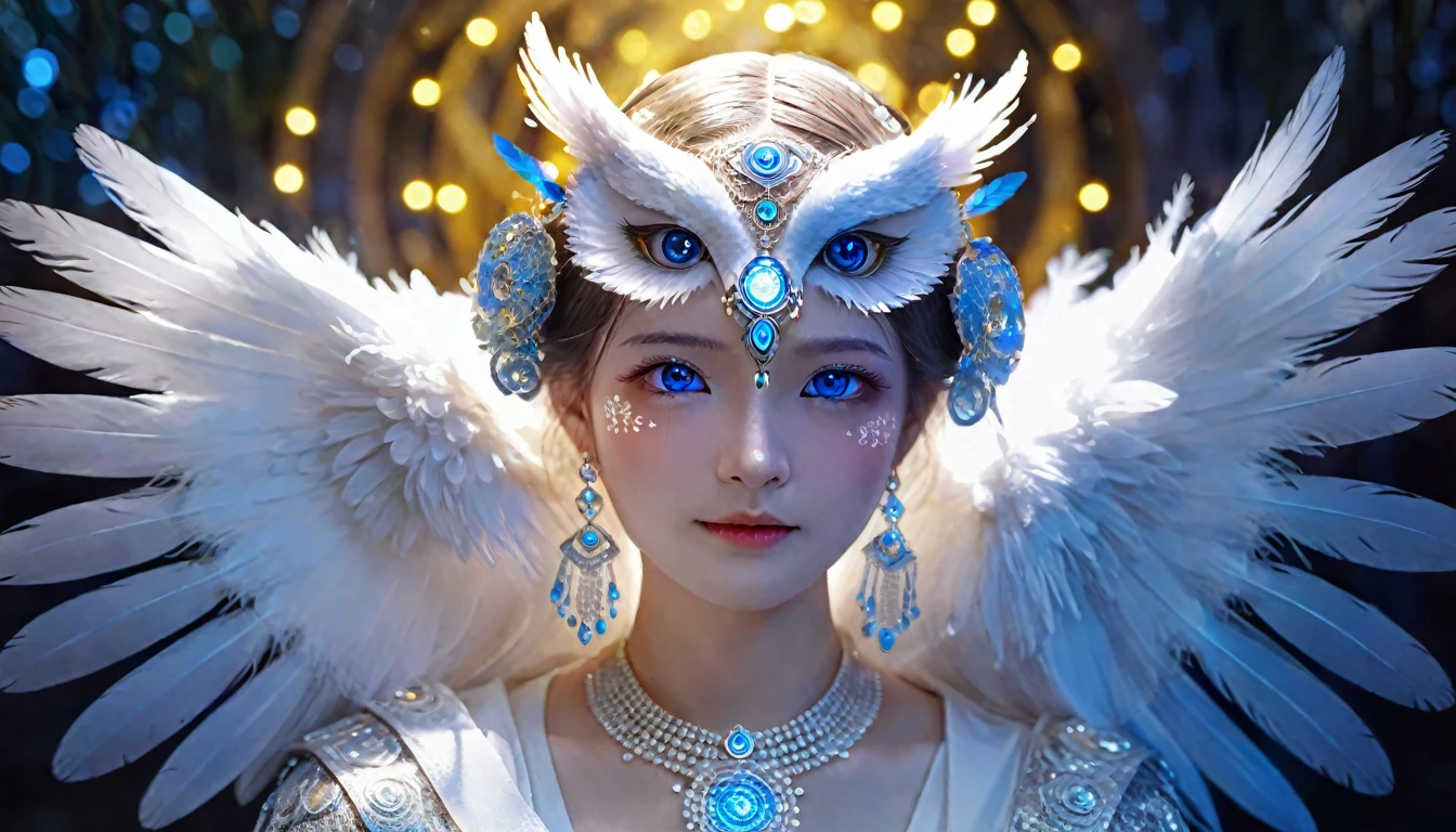 (Figure of an owl with blue eyes, Unreal Engine Rendering:1.1), (Very detailed:1.1), (Unrealistic yet charming eyes:1.1), (Exquisite and gorgeous jewelry:1.1), (Popular trends on cgisociety:1.1), (Motion Graphics:1.1), (Bee Global Illumination:1.1), (rossdraws Global Illumination:1.1), (goddess), (Beautiful and delicate eyes), (Complex patterns and textures), (Realistic feathers), (Ethereal Lights), (majestic gesture), (Bright colors), (striking的构图), (Luminous elements), (Mysterious atmosphere), (Impressive level of detail), (Photo-real:1.37), (HDR), (Ultra HD), (Studio Lighting), (Extremely detailed description), (professional), (Bokeh), (Fascinating concept art), (Magical atmosphere), (Amazing craftsmanship), (Stunning visuals), (Surrealism), (Like a dream), (Awesome), (A balanced color palette), (masterpiece:1.2), (high resolution), (Clear focus), (Physically Based Rendering), (striking), (interesting), (Fascinating), (Beautifully), (The Wow Factor), (memorable)