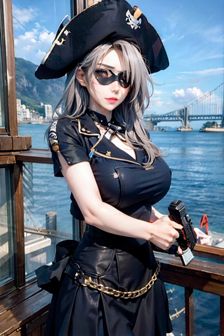 ((Highest quality)), ((masterpiece)), (detailed),(pirate),(Eye patch),(He has a gun),Large pirate flag in the background、maritime