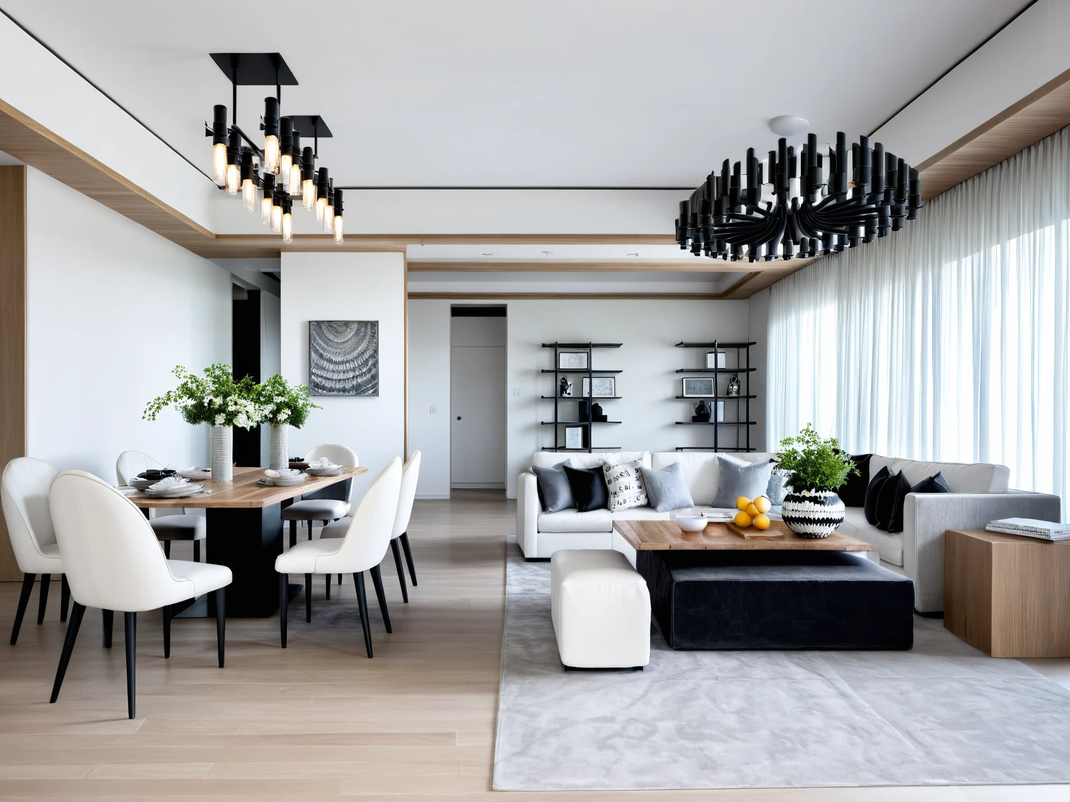 Raw photo, Masterpiece, high quality, best quality, authentic, super detail,

Modern Minimalist,

Clean lines, functionality, and a focus on negative space define this style, Natural light and uncluttered surfaces create a sense of calm and serenity,
A Neutral palette of white, gray, and black is the foundation, Pops of color can be introduced with artwork, furniture accents, or throw pillows, Consider incorporating natural elements like wood or stone for warmth and texture,