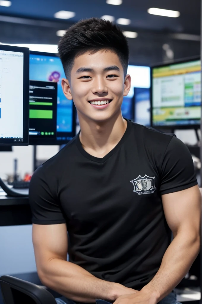 ((realistic daylight)) , Young Korean man in only a black sports shirt, no stripes, and jeans., A handsome, muscular young Asian man looks at the camera. , In a computer shop ,turn sideways, smile