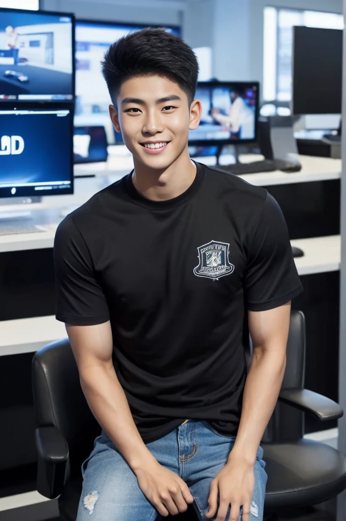((realistic daylight)) , Young Korean man in only a black sports shirt, no stripes, and jeans., A handsome, muscular young Asian man looks at the camera. , In a computer shop ,turn sideways, smile