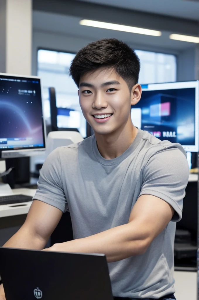 ((realistic daylight)) , Young Korean man in only a black sports shirt, no stripes, and jeans., A handsome, muscular young Asian man looks at the camera.  , In a computer shop ,turn sideways, smile