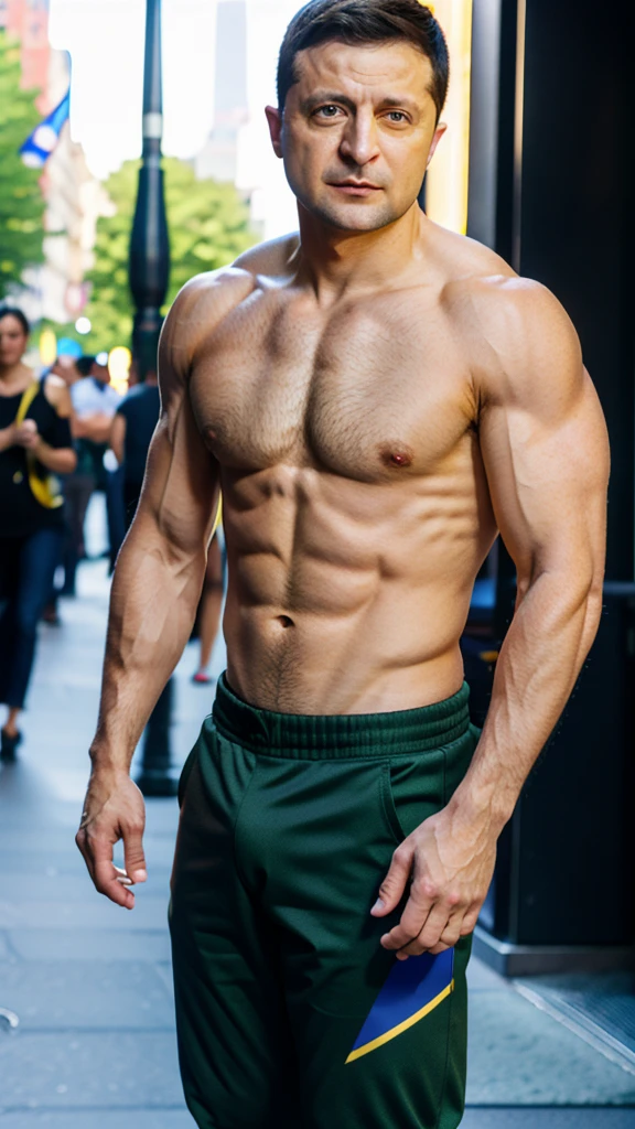 Zelenskyy, a man in new york city, muscular, with super small waist, sexy muscles