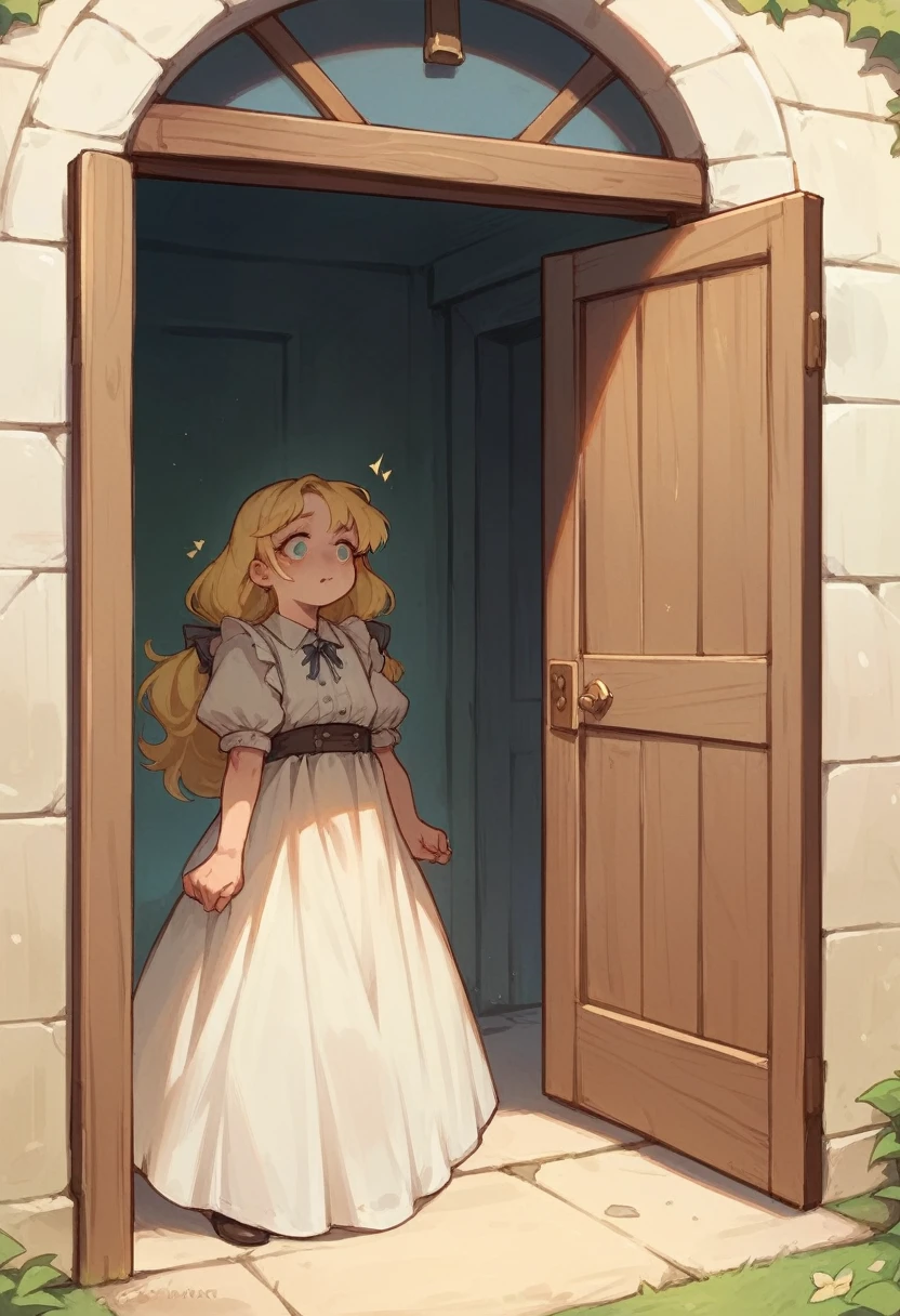Two open doors side-by-side, blonde girl in each, one is naked and lewd, but the other angelic and chaste and fully clothed, sfw