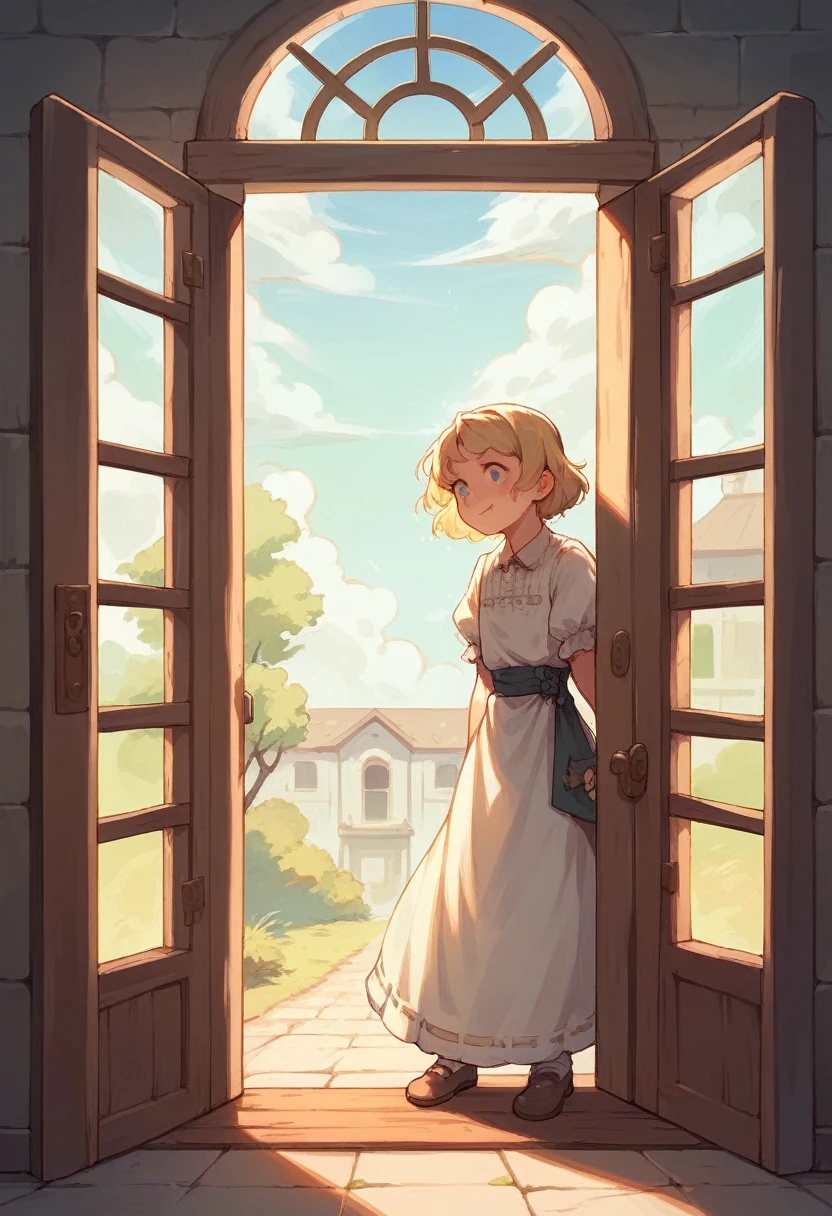 Two open doors side-by-side, blonde girl in each, one is naked and lewd, but the other angelic and chaste and fully clothed, sfw