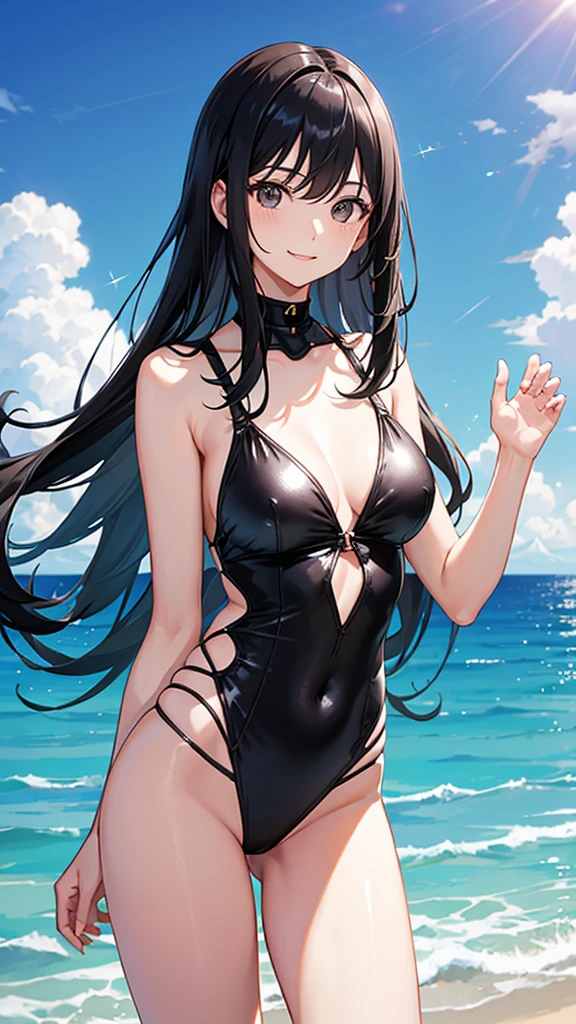 Swimsuit Long straight black hair 22 years old Adult sister Black Eyes Great style smile Directly facing universe space