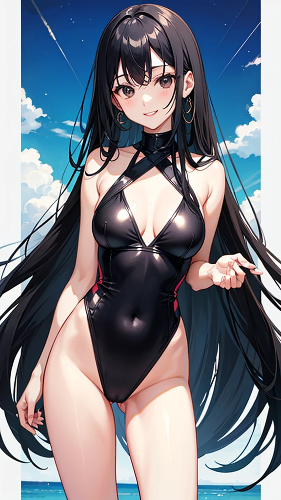 Swimsuit　Long straight black hair　22 years old　Adult sister　Black Eyes　Great style　smile　Directly facing　universe space