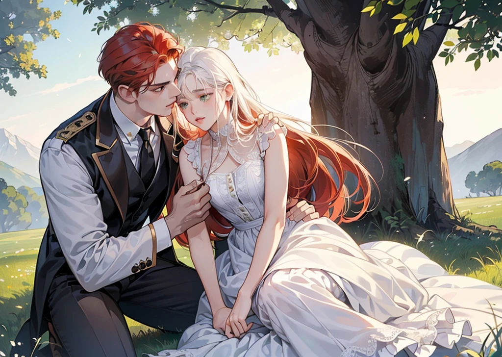 (Best Quality Detailed Image Beautiful Photorealistic Spectacular Night Image 8K 1:1) ((A girl kisses a man under a tree at starry night)), (digital art digital illustration) (camera focused on face) (cool colors dim lighting) Manhwa Art (red hair man) (very tall man ((redhead)) frío de 29 años muy elegant con estilo de espalda. Ropa elegant ((Brown jacket and shirt)), is standing stunned, green eyes (surprised look rostro perfecto líneas perfectaa).elegant, surprised look, pale eyes, ((Male square face)), facial hair, Open eyes), is kissed by surprise by (a beautiful young woman with white hair, with white nightgown and black leather vest, for the rebel whites, closed eyes, she is shorter than him, soft and perfect lips, femininity and masculinity, ((romantic scene)), ((corresponding individual aspects)), ((just a man and a woman))).