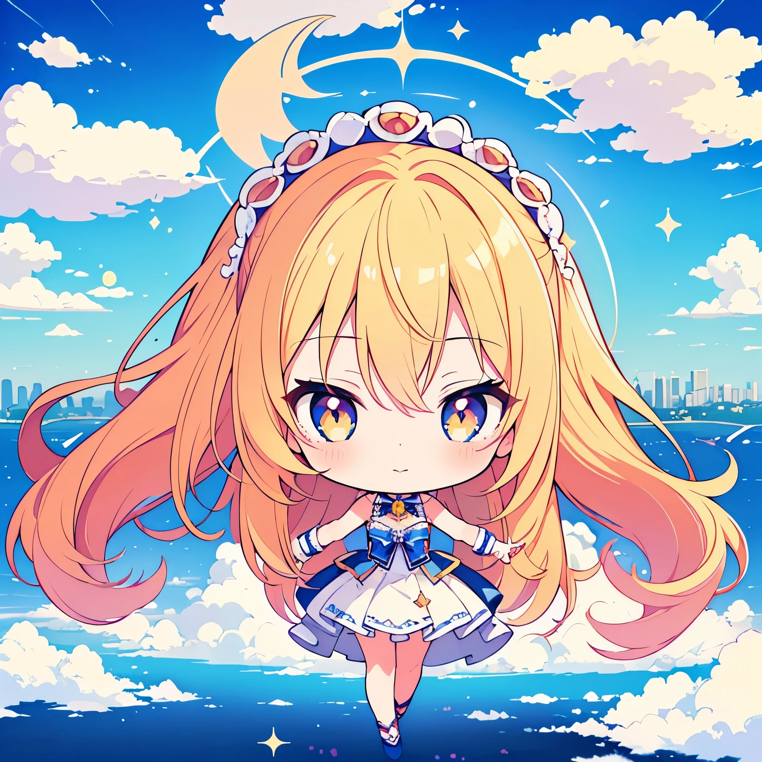 ((Highest quality)), ((masterpiece)), (detailed), Perfect Face, Perfect Arms, Perfect hands, Perfect Fingers, anime, Ultra-fine illustration, One girl, ((Chibi Character)), cute, ((goddess)), Blonde Long Hair, (Above the Clouds:1.3), (skyline:1.2), (shine), Sparkling, Full Body Shot,