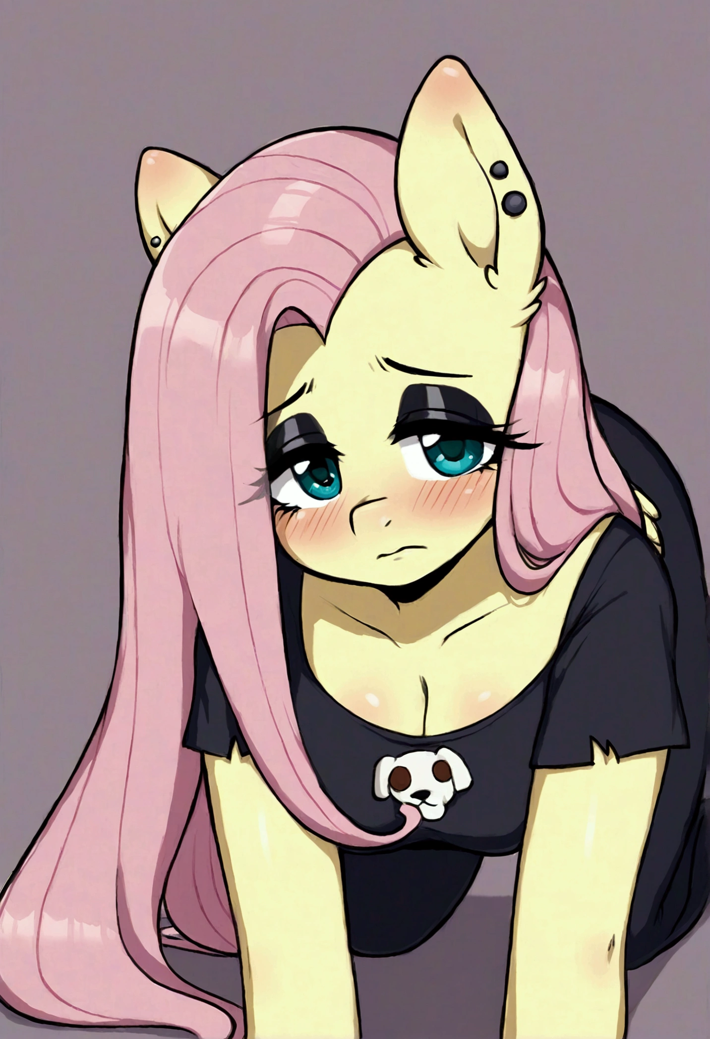 My little pony, anthro, fluttershy goth, big dog, dog mates a girl while she is on all fours, blush