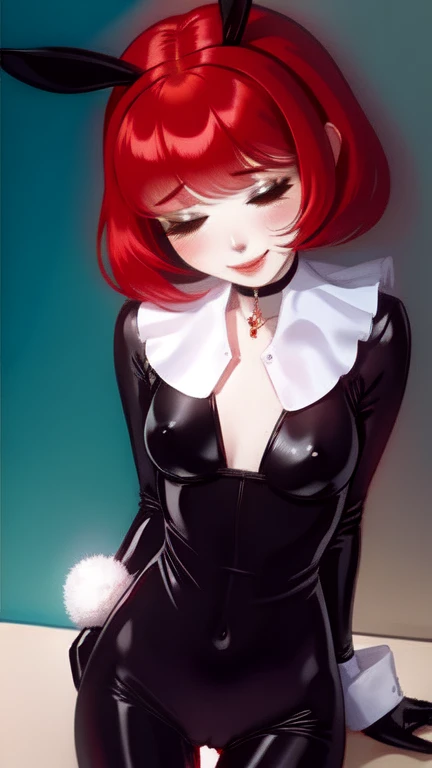 coupling, red hair, black hair, multicolored hairs, short hair, very sexy bunny suit, embarrassed, choker