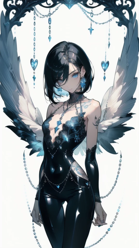((masterpiece, best quality)), Delicate face,Angel,Standing picture,whole body,Perfect body proportions,Long legs,Handsome short hair,beautiful eyes,Fantasy style,White background,Extremely beautiful,transparent,pornographic,Bare chest,chain,Tattoo,Lace,Heart-shaped decoration