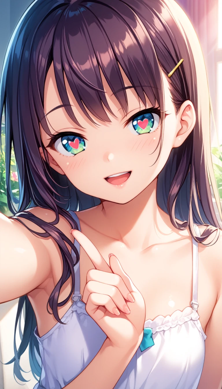 1girl, tiny girl, young girl, mesugaki, A foolish look, a wicked smile, mesugaki smile, Teasing, naughty looks, heart eyes, A girl pointing to her own head, a girl putting her finger to her head, Focus on the girl, glossy skin, oily skin, Close-up of the face, Masterpiece:2, Top Quality, high Quality, Very Detailed, ultra High Resolution, super High Resolution, Beautiful Detail, Dynamic angles, perfect lighting, 8k, Animation Style, cartoon style, game cg, sfw,
