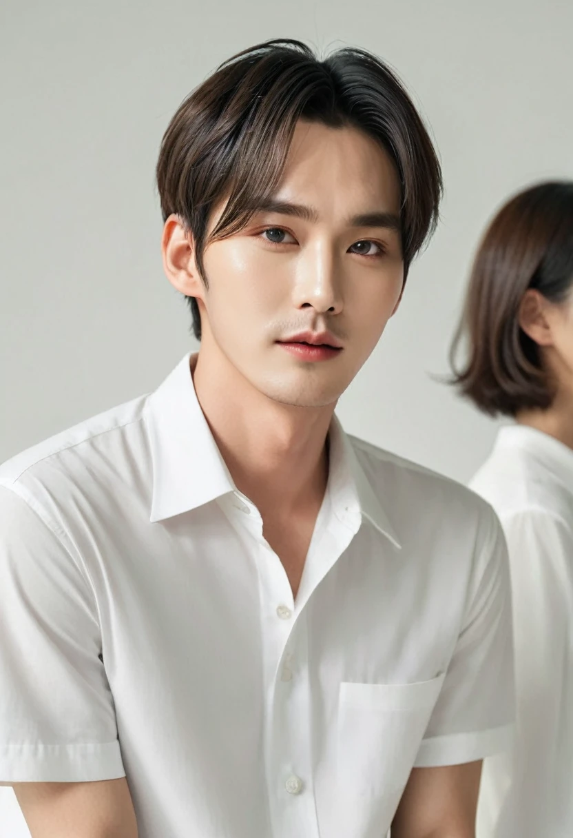 Close up of person wearing white shirt and white shirt, Lee Won Bin, Cute and lovely Korean face, a amazing man,검은색 Short hair, Inspired by Myungguk Kim, amazing face, Doyoung Kim, amazing male, amazing man, Jinyoung Shin, amazing attractive face, amazing, white background , Short hair , Korean Men