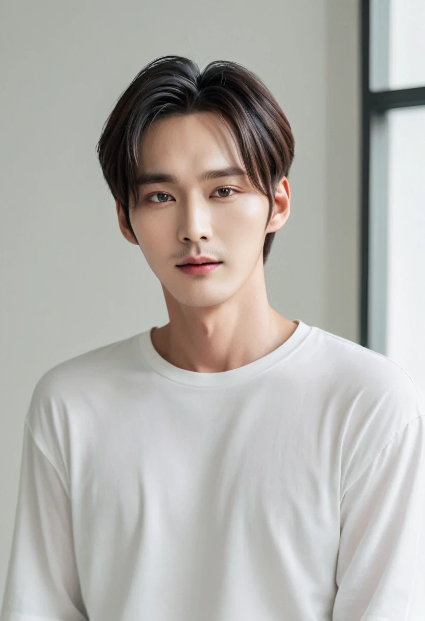 Close up of person wearing white shirt and white shirt, Lee Won Bin, Cute and lovely Korean face, a amazing man，검은색 Short hair, Inspired by Myungguk Kim, amazing face, Doyoung Kim, amazing male, amazing man, Jinyoung Shin, amazing attractive face, amazing, white background , Short hair , Korean Men