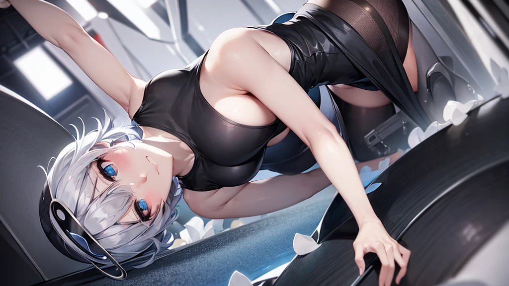 Beautiful gray hair、Short Hair、Beautiful Blue Eyes、Tube top、Cameltoe、black tights、Small breasts、Black Dress、Dark look、Sad face