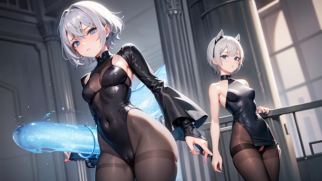 Beautiful gray hair、Short Hair、Beautiful Blue Eyes、Tube top、Cameltoe、black tights、Small breasts、Black Dress、Dark look、Sad face