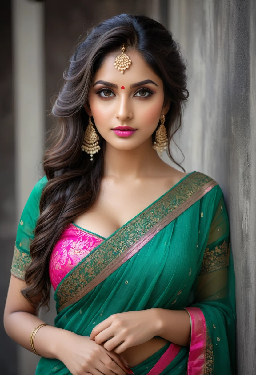A portrait of a Extremely Beautiful woman, Age 30 year, Fashion influencer, Tradition look with long black wavy hair, leaning on a wall, tumblr, art nouveau, traditional beauty, indian, beautiful goddess, attractive pose, godess, lovely woman, gorgeous figure, dressed in pink sari and off shoulder black blouse, warpped perfectly, intricate glittering lines on the sari, average build, ultra detailed, 64k, photoreal, pefect body proportion, divine proportions, almond eyes, thigh highs, happy vibe, blushing, Alluring. on black canvas in the style of guillem h. pongiluppi, abigail larson, ominous landscapes, john sloane, color skin red orange and green, energy-filled illustrations , full body, detailed face, focus on subject. candid photography. closed mouth, desent rosy lips. medium shot, perfect hands., vibrant colors. fantastic face, Indian, beautiful look, ((pink lips, bright eyes, curve heir 1.5)), ((beautiful details very big breast )), (Straight round and ultra huge clevage, not sagging breast), A glorious gorgeous, glorious gorgeous face, pretty face, bright eyes, updo elegant hair, blurred gray tones background, ultra focus, face ilumined, face detailed, 8k resolution, ((Full Open )), full body, sexy open thin belly, off the navel, thigh high shot.