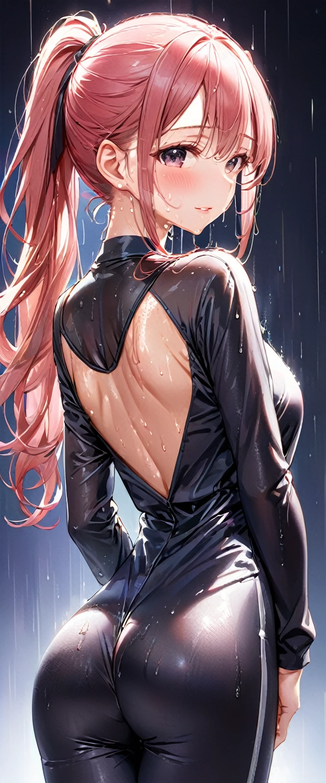 (masterpiece,best quality,Ultra-high resolution),Japanese woman, (((Very beautiful 25 year old girl))), pretty girl、Look at the photographer､  ((Beautiful low ponytail)), Super cute face, Glossy lips, Double eyelids,Natural smile、 Natural Makeup, Long eyelashes, Shiny and smooth hair､Center Image,  Perfect limbs, Perfect anatomical structure,(((Jumpsuits and bodysuits)))、(((Look back)),Sweat soaked,