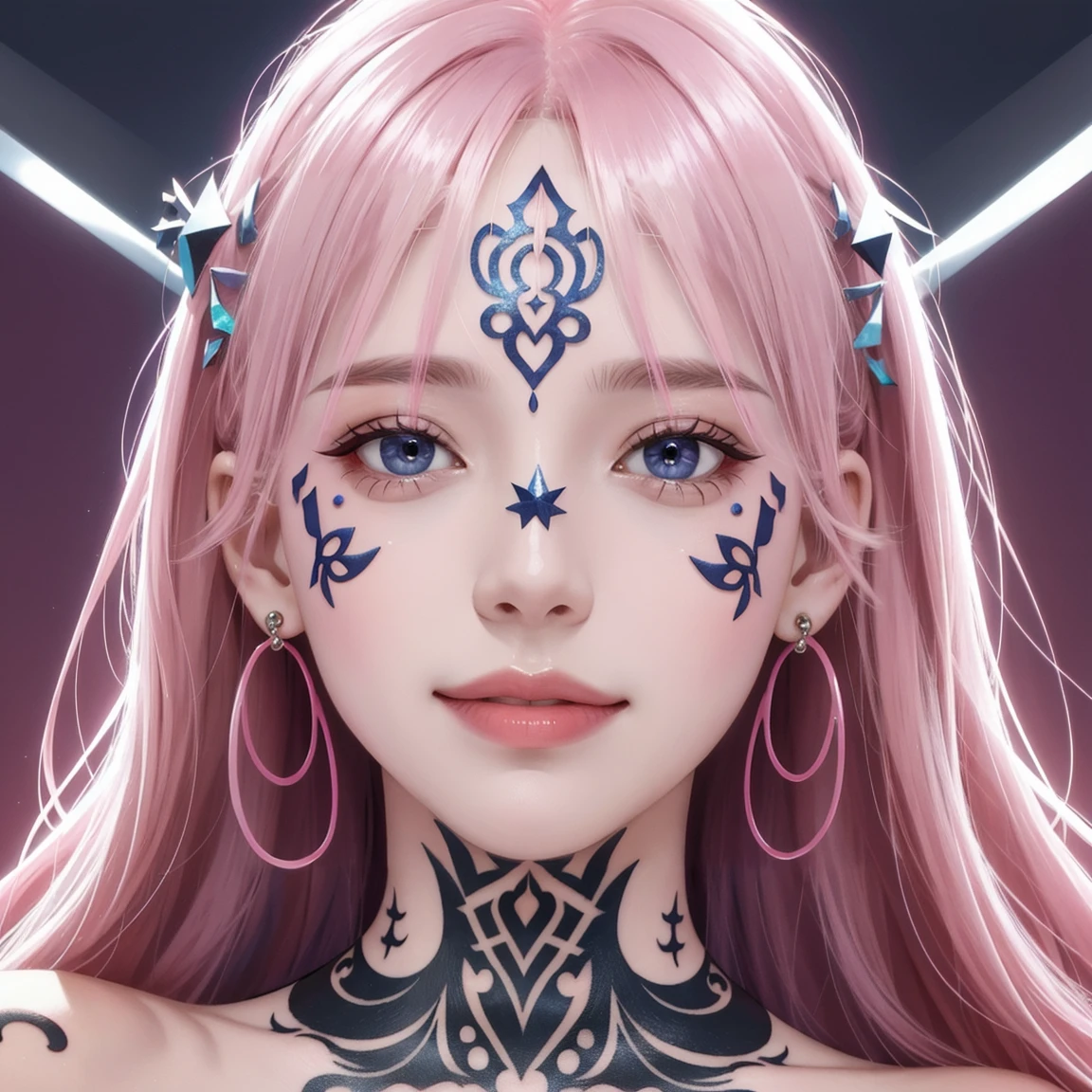 (masterpiece, Highest quality, Intricate details, chromatic aberration), (Realistic),(skin), ((breathe)),(Pink Hair, Blunt bangs),Detailed Hair, Red headdress, Blue Highlights, Hair on one eye, Purple eyes, Earrings, Sharp eyes, ((Symmetrical eyes)),((Perfectly symmetrical body)),(Pure Eros Face_v1:0.3), night,(((Natural light))),Backlight, Against a grey wall, Dim lighting ,View the viewer,((Center shot, from the front,(Face and waist))), deeply in love, best smile, (face tattoo:1.5)