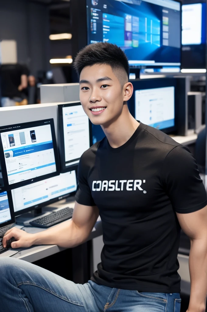 ((realistic daylight)) , Young Korean man in only a black sports shirt, no stripes, and jeans., A handsome, muscular young Asian man looks at the camera. , In a computer shop ,turn sideways, smile