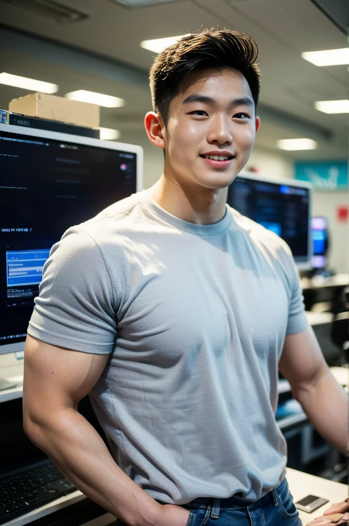 ((realistic daylight)) , Young Korean man in only a black sports shirt, no stripes, and jeans., A handsome, muscular young Asian man looks at the camera. , In a computer shop ,turn sideways, smile