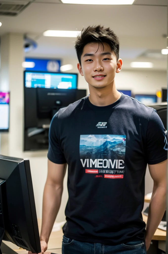 ((realistic daylight)) , Young Korean man in only a black sports shirt, no stripes, and jeans., A handsome, muscular young Asian man looks at the camera. , In a computer shop ,turn sideways, smile